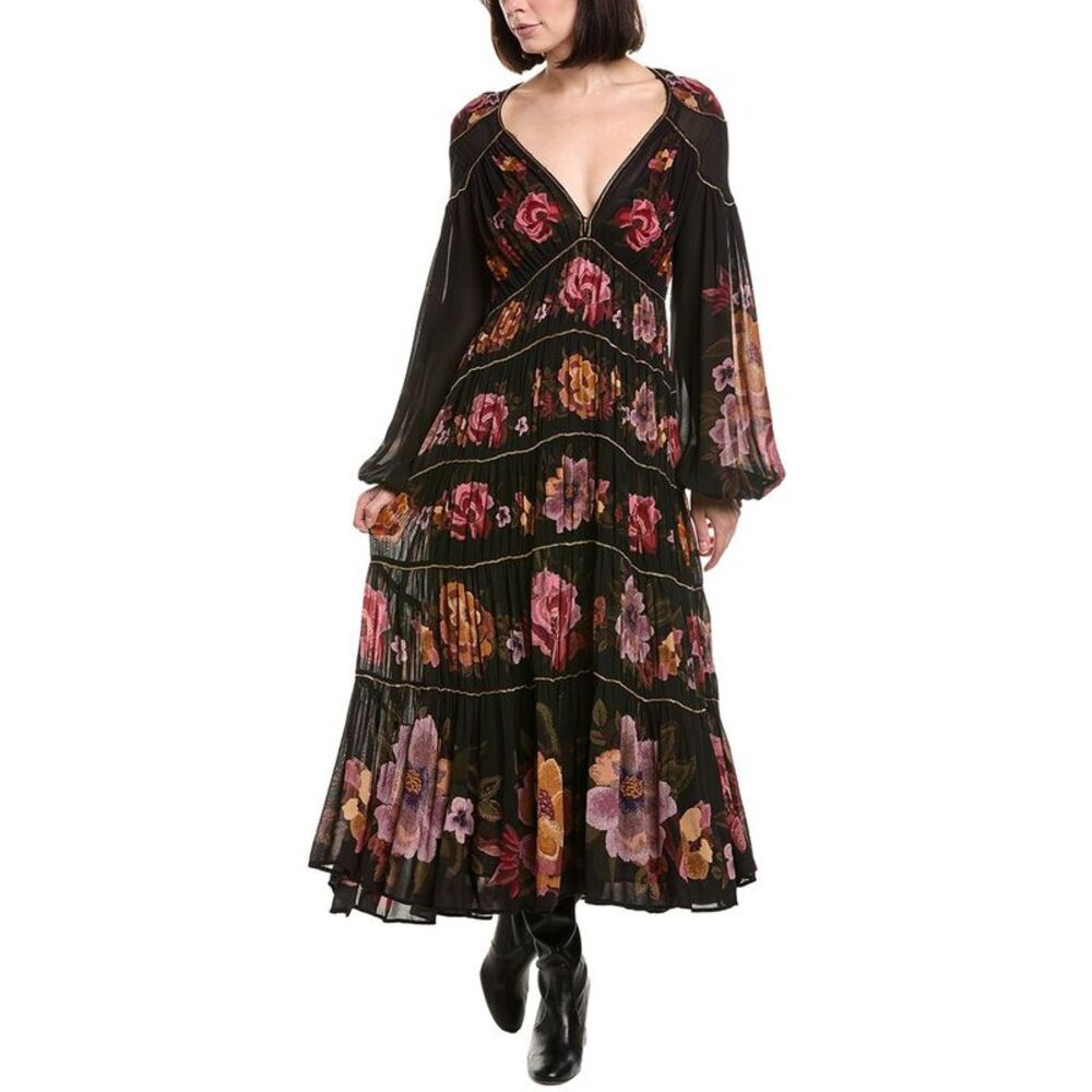 Farm Rio Womens  Chenille Flowers Black Long Sleeve Midi Dress